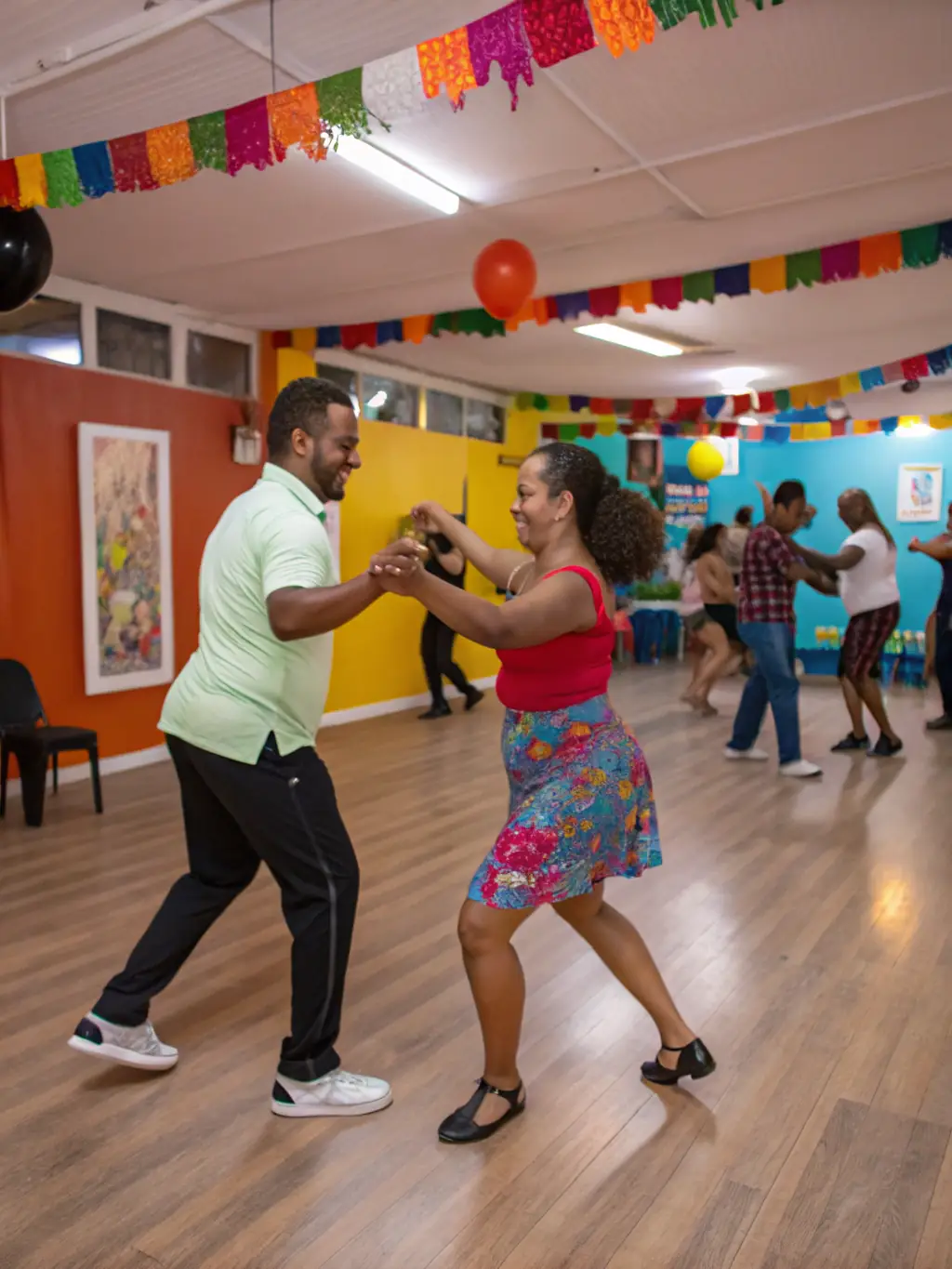 A group of diverse individuals participating in a lively salsa dance class, showcasing energy and rhythm in a well-lit studio at MAIS ON DANSE!