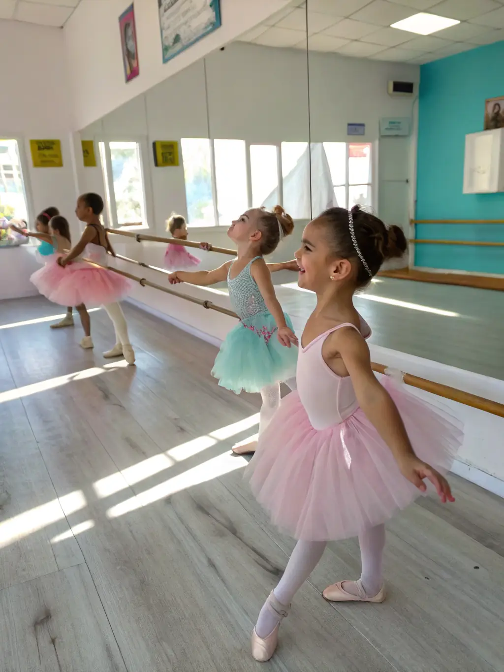 A photograph of children laughing and learning basic ballet steps in a colorful and supportive environment at MAIS ON DANSE!
