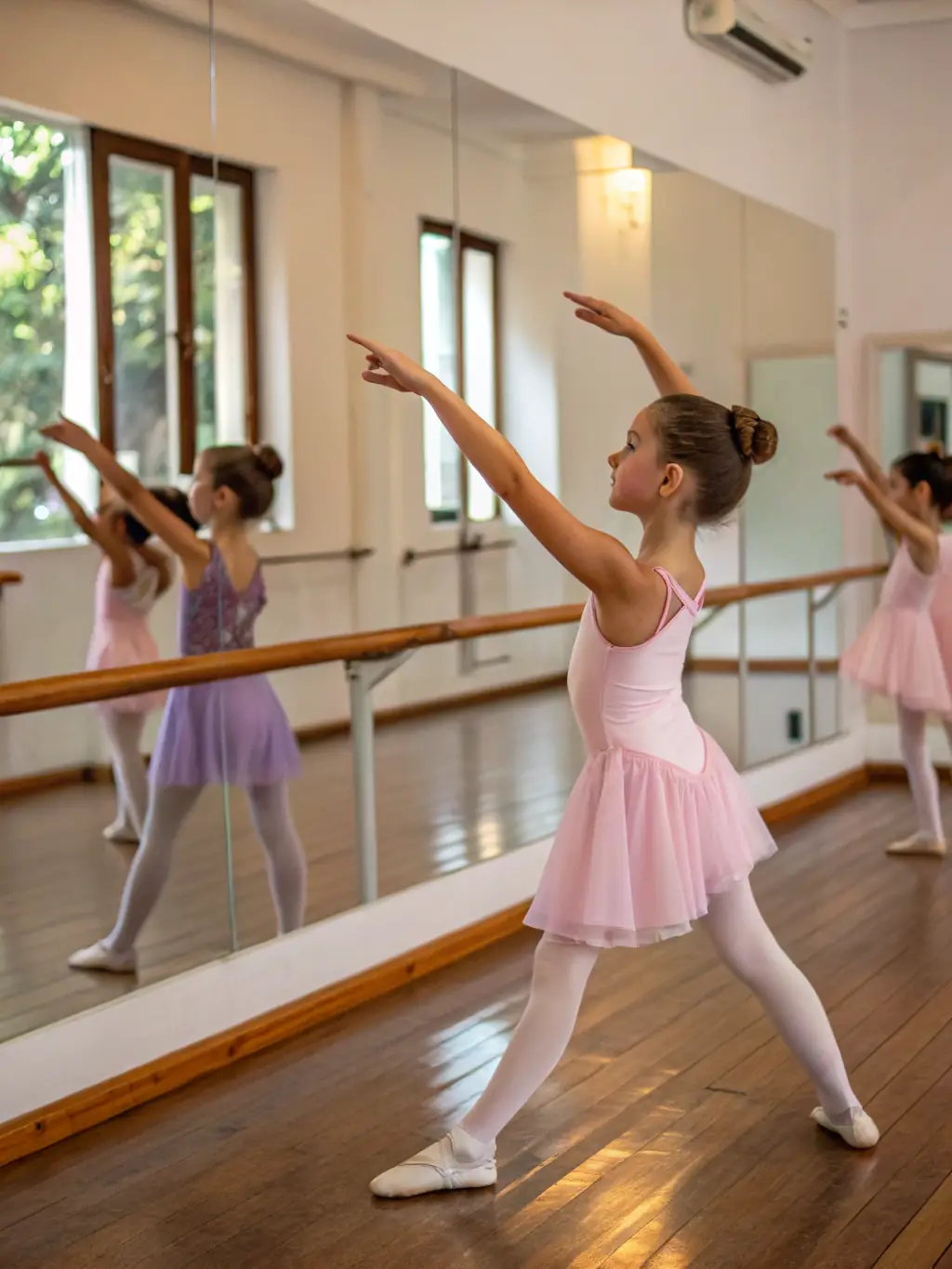 A group of people of different ages and backgrounds participating in a beginner's ballet class, focusing on posture and basic movements.