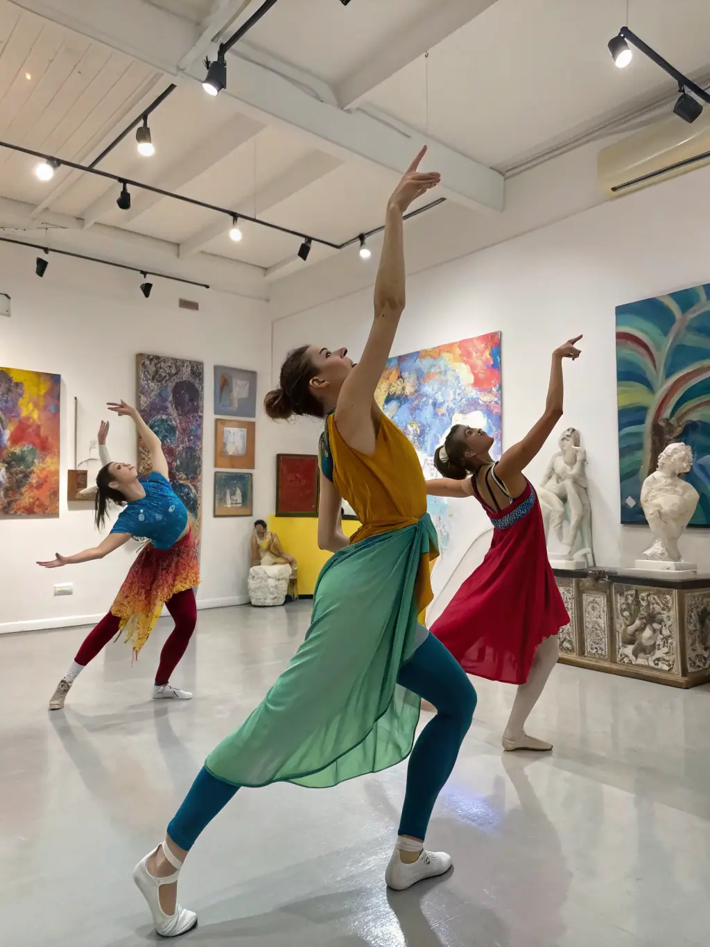 Participants in a contemporary dance workshop, exploring movement and creativity in a modern studio setting.
