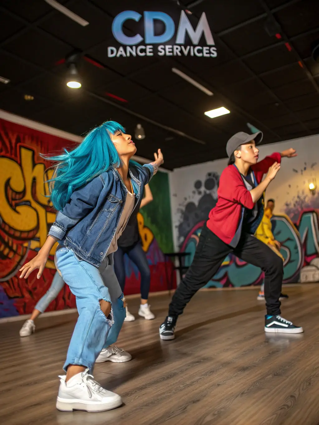 A diverse group of dancers engaged in a lively hip-hop class, showcasing energy and rhythm.