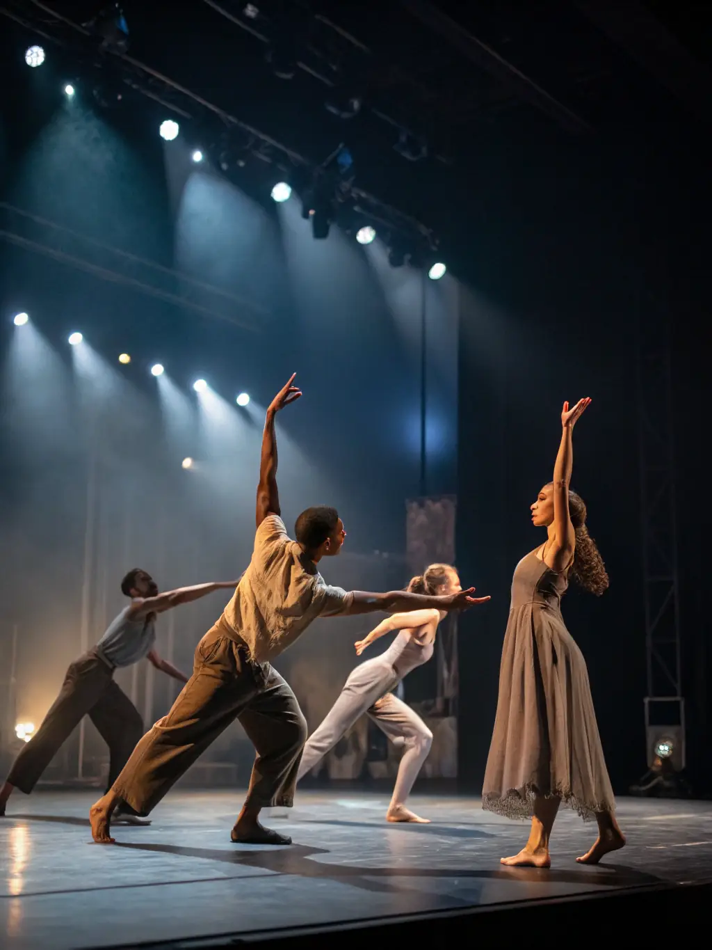 A dynamic photo capturing the energy of a contemporary dance workshop, featuring dancers in motion with expressive body language and fluid movements.