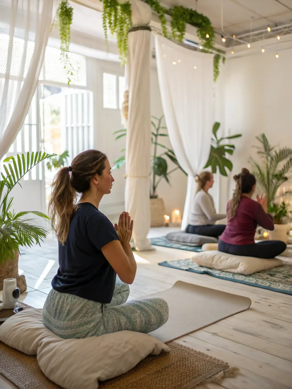 A serene image of a yoga and dance fusion class, with participants practicing graceful poses and movements, set in a peaceful and calming studio environment.