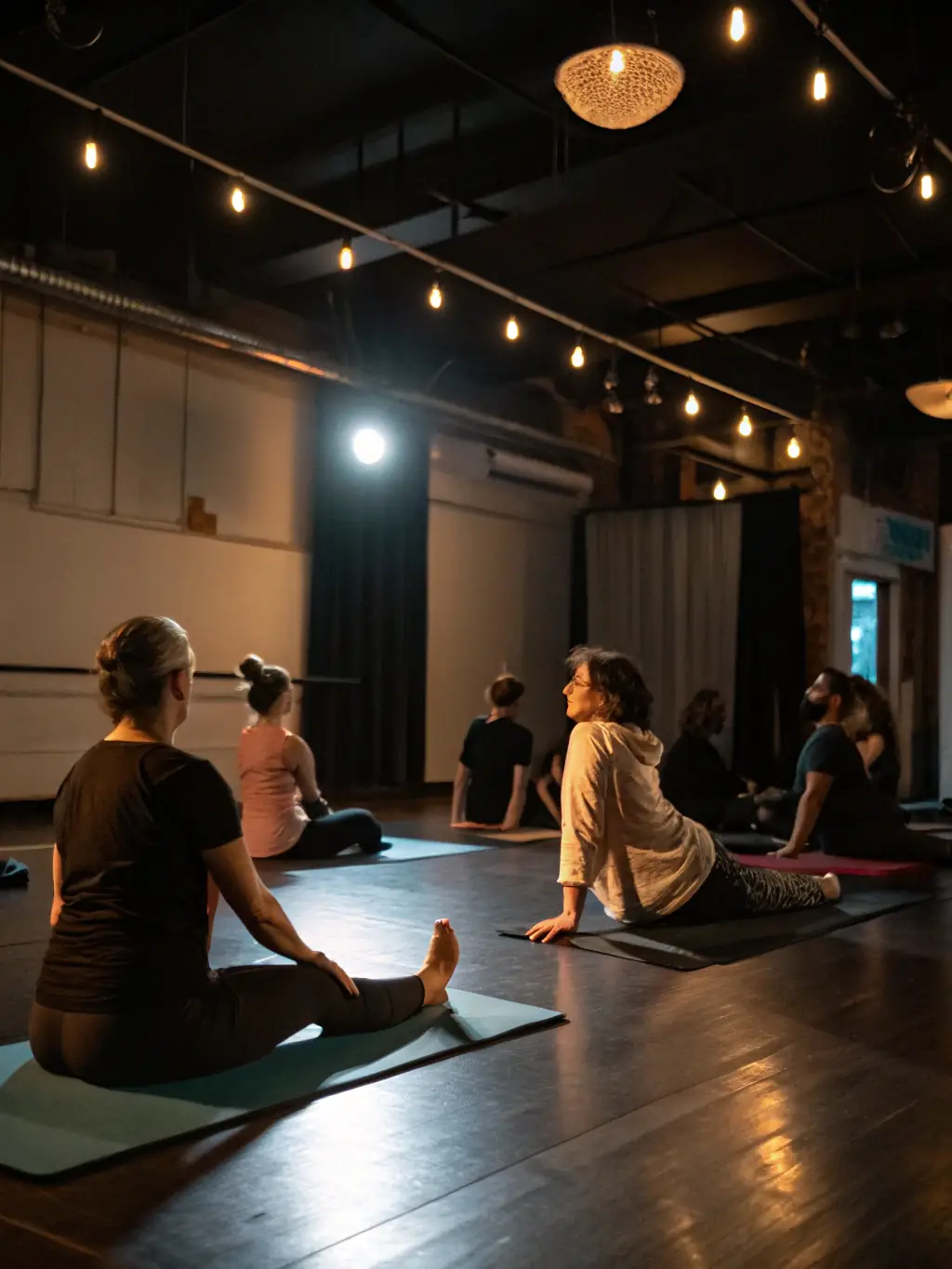 A serene image of participants practicing mindful movement and stretching during a contemporary dance session at MAIS ON DANSE!