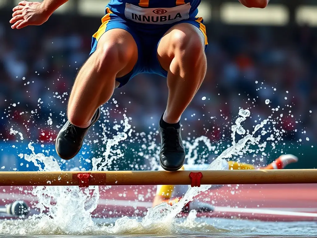 An action shot of a steeplechase athlete clearing a water jump with determination, highlighting the physical challenge and skill involved in the sport.