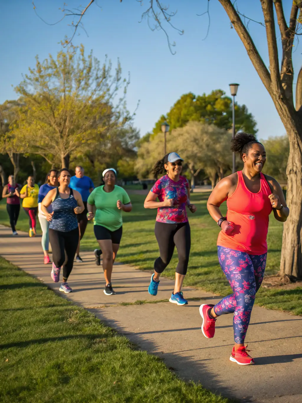 A group of people of various ages and abilities participating in a fun run, emphasizing the inclusive and community-focused nature of the club.