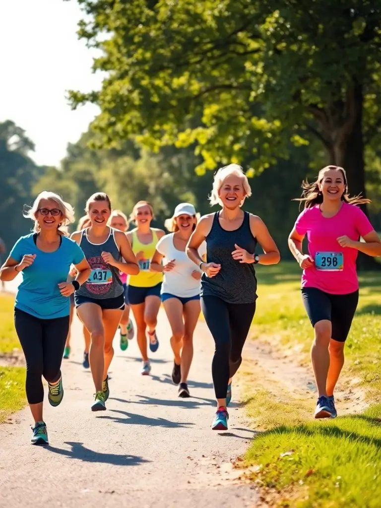 A group of participants stretching and warming up before a recreational running session, emphasizing the inclusive nature of the club's activities.