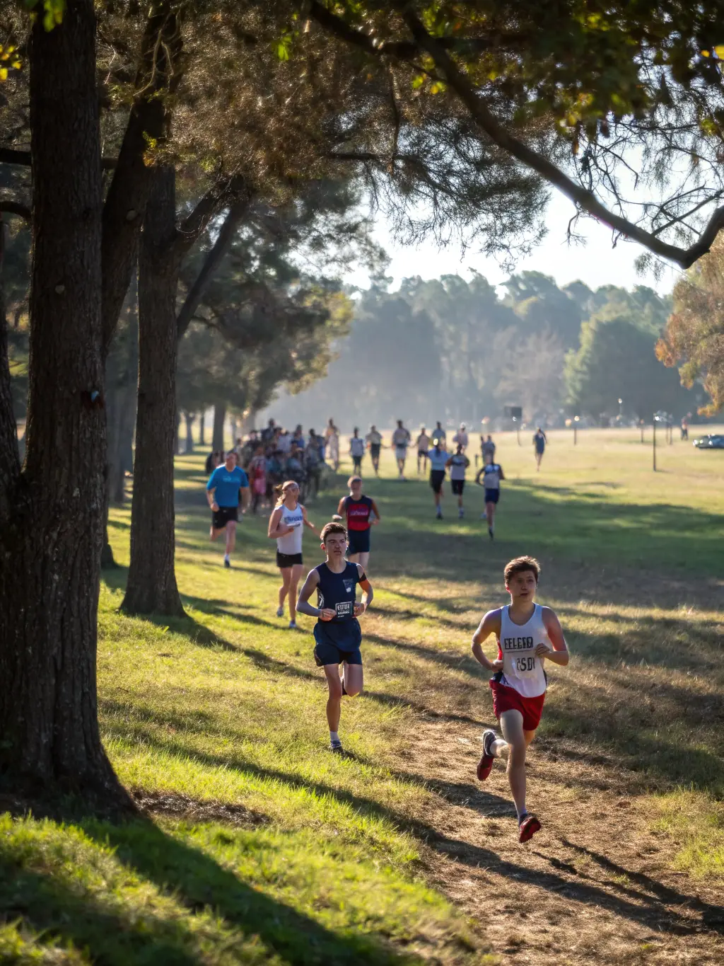 A scenic image of a group of athletes participating in a cross-country running session, emphasizing the recreational aspect of the club's activities.