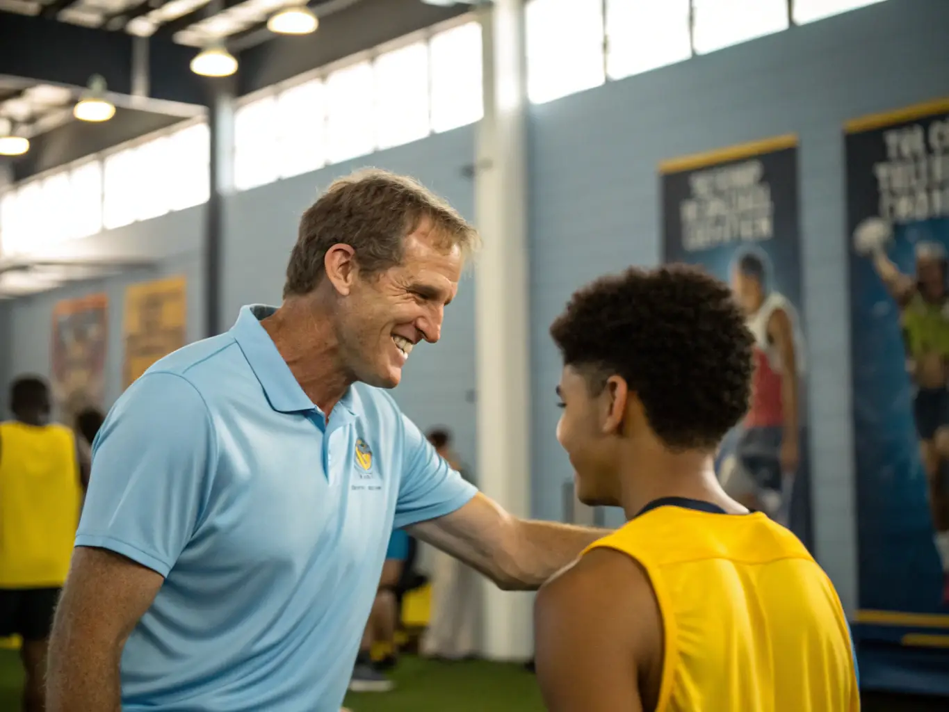 A focused image of a coach providing guidance to an athlete during a steeplechase training session, emphasizing the personalized attention and expert instruction available.